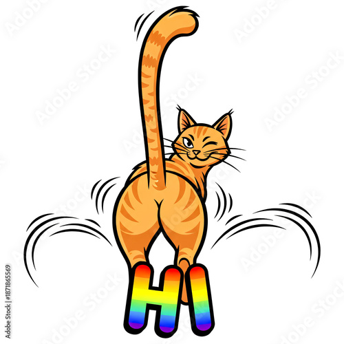 Winking Orange Tabby Cat With Arched Back And Long Tail Stands Playfully On Bright Rainbow Colored Letters Spelling Out Hi