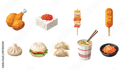 Polygonal fast food set: asian and western cuisine in low poly art style