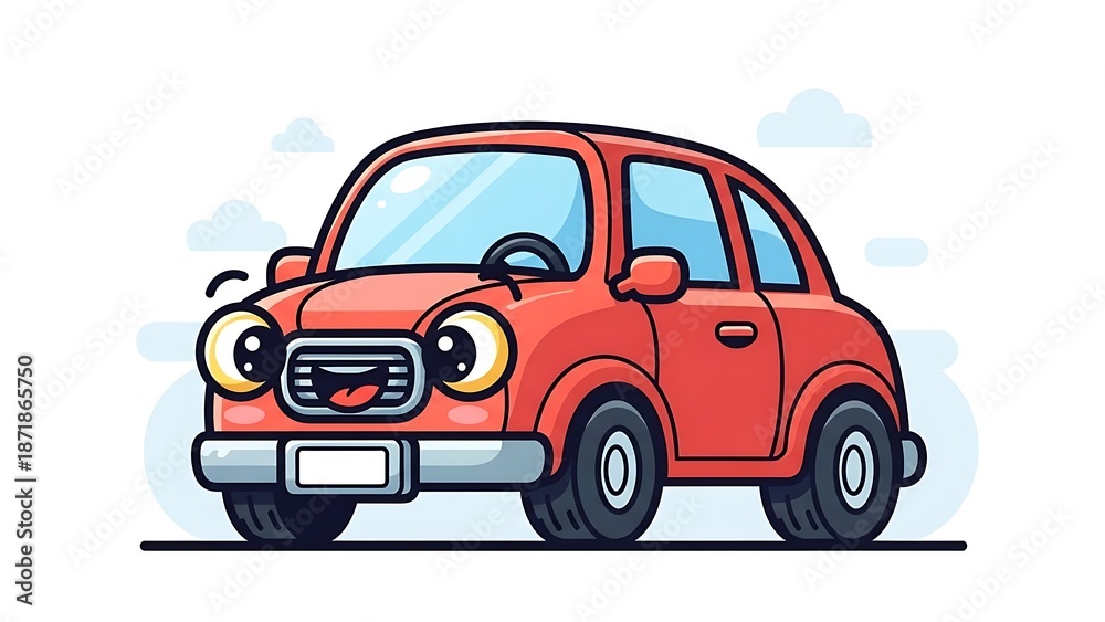 Fototapeta premium Cute cartoon red car driving forward.