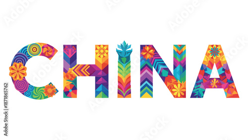Colorful geometric typography art featuring china with floral patterns