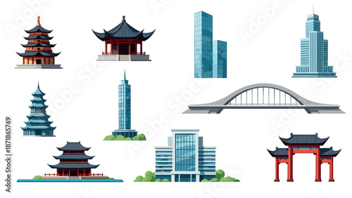 Modern and traditional architecture: urban skyscrapers and asian pagodas