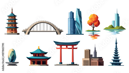 Geometric landmarks and nature: modern low poly icons of architecture and scenery