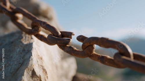 Broken metal chain link resting still, heavy texture and snapped joint symbolizing disruption, failure, and halted mechanical function. cinematic color correction, natural uneven lighting yet