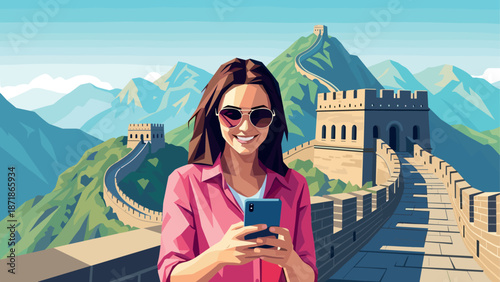 Tourist exploring iconic landmark in vibrant style