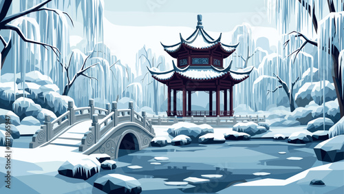 Serene winter scene with traditional pagoda and bridge in tranquil snowy landscape