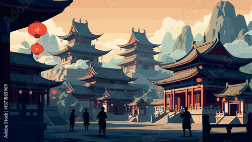 Traditional asian architecture at sunset with majestic mountain backdrop