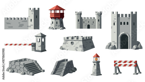 Medieval fortress elements set with towers, walls, and gates in flat design