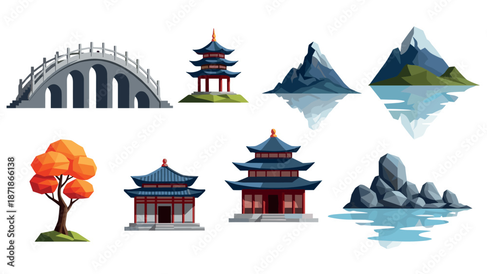 Fototapeta premium Low poly asian architecture and nature elements set