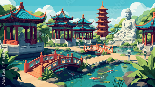 Serene oriental garden with pagodas and a tranquil pond featuring koi fish