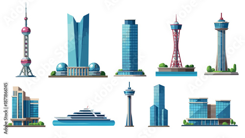 Modern cityscape landmarks and architecture icons collection