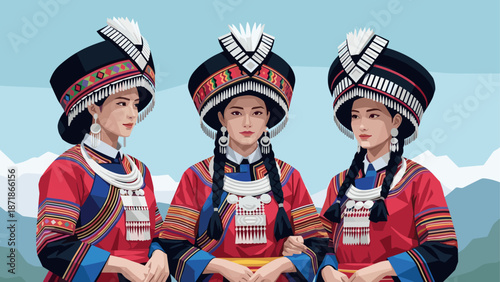 Traditional cultural attire of three women with mountains in background