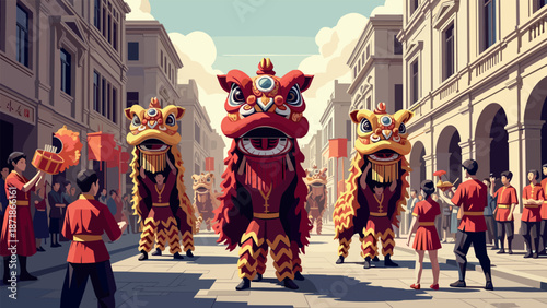 Traditional lion dance celebration in vibrant asian street parade featuring colorful costumes and festive atmosphere