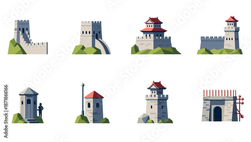 Great wall china fortress icons: historical architecture collection