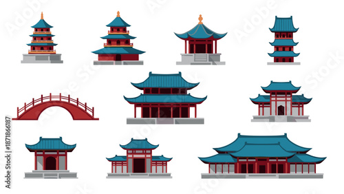 Traditional asian architecture icons: temples, pagodas, and bridges