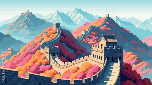 Autumn landscape of the great wall winding through colorful mountains