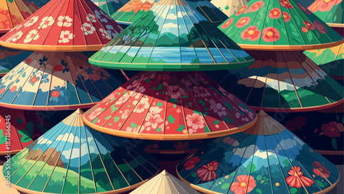 Colorful cone art with nature themes: floral and scenic patterns