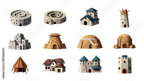 Historic architectural icons in flat cartoon style: a diverse collection of ancient and traditional buildings