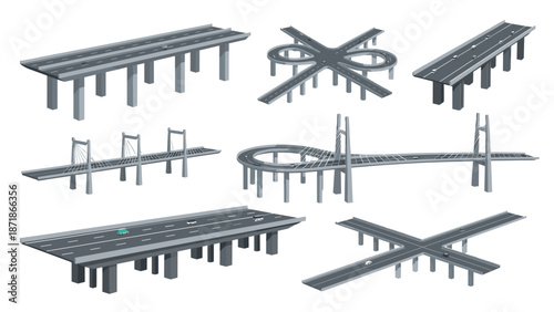 Modern highway and bridge set with isometric urban road designs