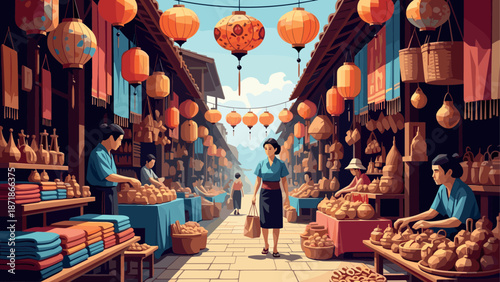 Bustling traditional market with lanterns in asian village street scene