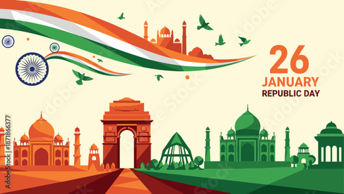 Celebrate republic day with iconic indian landmarks and tricolor elements