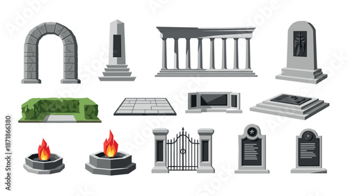 Ancient and modern monuments set with arches, columns, and tombstones in a flat design