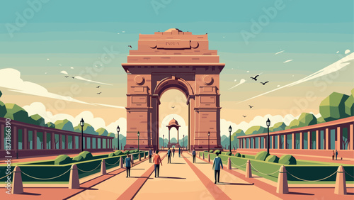 Iconic monument in minimalist style: vibrant cityscape with arch and pathway