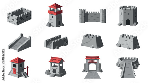 Medieval fortress and wall elements collection with isometric design