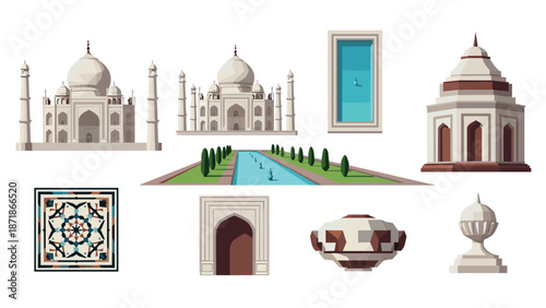 Taj mahal flat design elements: architectural structures and decorative patterns