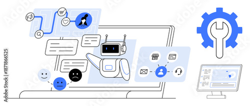 Customer service, workflow automation, system integration, chatbot technology, AI communication, business tools. Robot assistant with messaging icons and operational workflow. Customer service