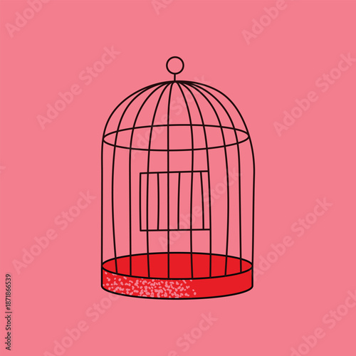 Empty Black Vintage Birdcage Vector Illustration on Pink Background. Minimalist Bird Cage Icon Symbolising Freedom and Escape. Retro Art Graphic for Social Media Posts and Creative Design