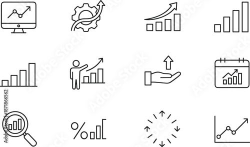 Business growth icons set featuring financial data charts, statistics, magnifying glass, progress bars, strategy gear, professional performance, and marketing analytics vectors.