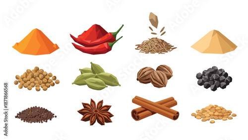 Colorful polygonal spices collection featuring herbs and seeds in geometric style