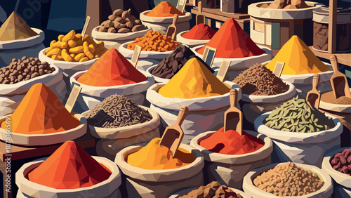 Colorful market spices in flat polygon style displaying a vibrant variety of aromatic seasonings