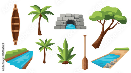 Tropical island adventure: palm trees, kayak, and water features