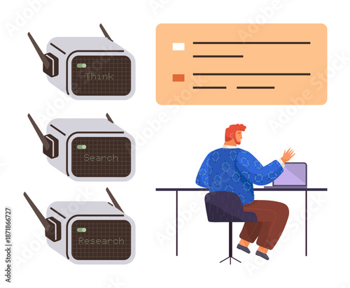Remote work, data analysis, wireless communication, research tools, modern technology, digital innovation. A man works at a laptop beside labeled wireless devices and categorized data. Remote work