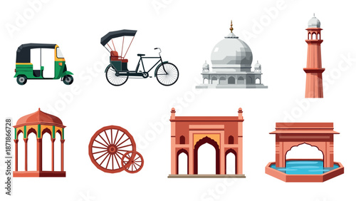 Iconic indian landmarks and vehicles in colorful cartoon style