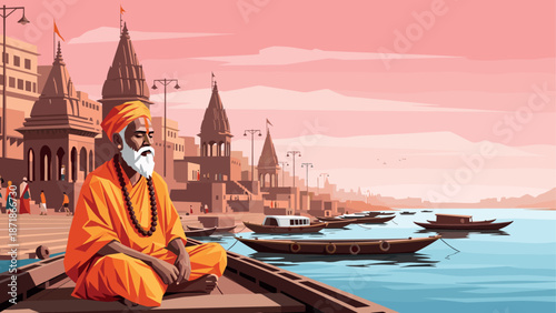 Serene monk at the ghats in varanasi with boats on the ganges river during sunset