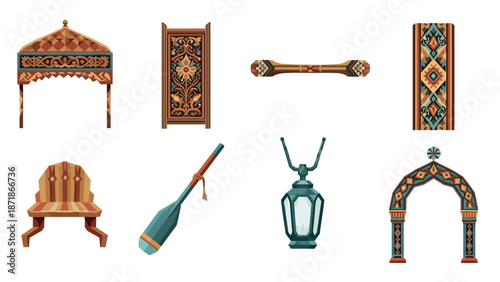 Traditional decorative elements and furniture set with intricate patterns
