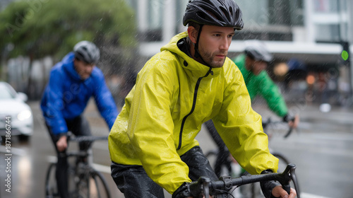 The rainy commute captures cyclists navigating slick roads, their vibrant rain gear contrasting with the dreary surroundings, highlighting the boldness of riders despite the challenging weather