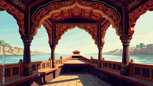 Traditional wooden boat on serene river in intricate artistic style