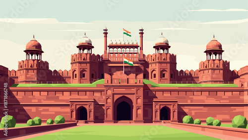 Majestic red fort in flat style with indian flags on a sunny day