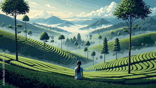 Serene morning in lush tea plantation with misty mountains and tranquil atmosphere
