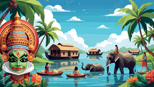 Tranquil kerala backwaters with kathakali, elephants, and houseboats in lush tropical landscape