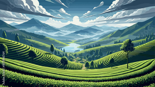 Serene mountain landscape with lush green hills and clear sky