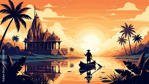 Sunset serenity: temple and boat on a tranquil tropical river