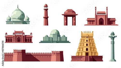 Colorful architectural landmarks of india in flat design style