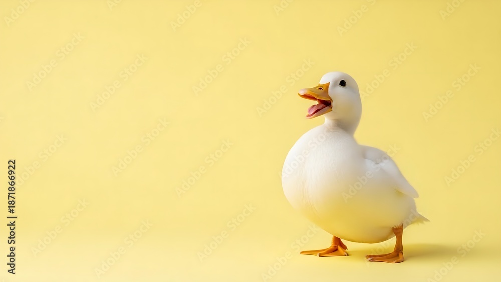 Obraz premium White duck with open beak standing on a bright yellow studio background.