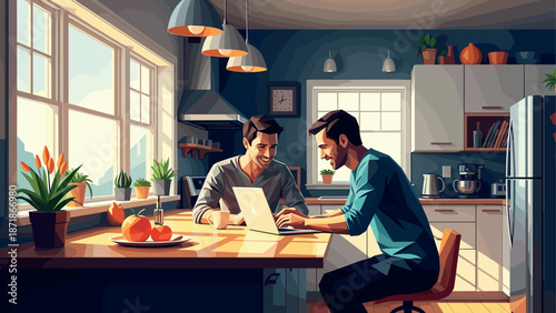 Cozy home office: friends working together in a modern kitchen with laptops and plants