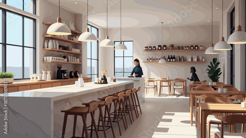 Modern minimalist cafe interior with large windows and wooden furniture in daylight