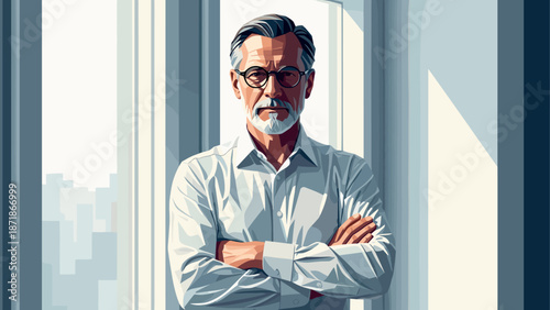 Confident professional with glasses in modern geometric style